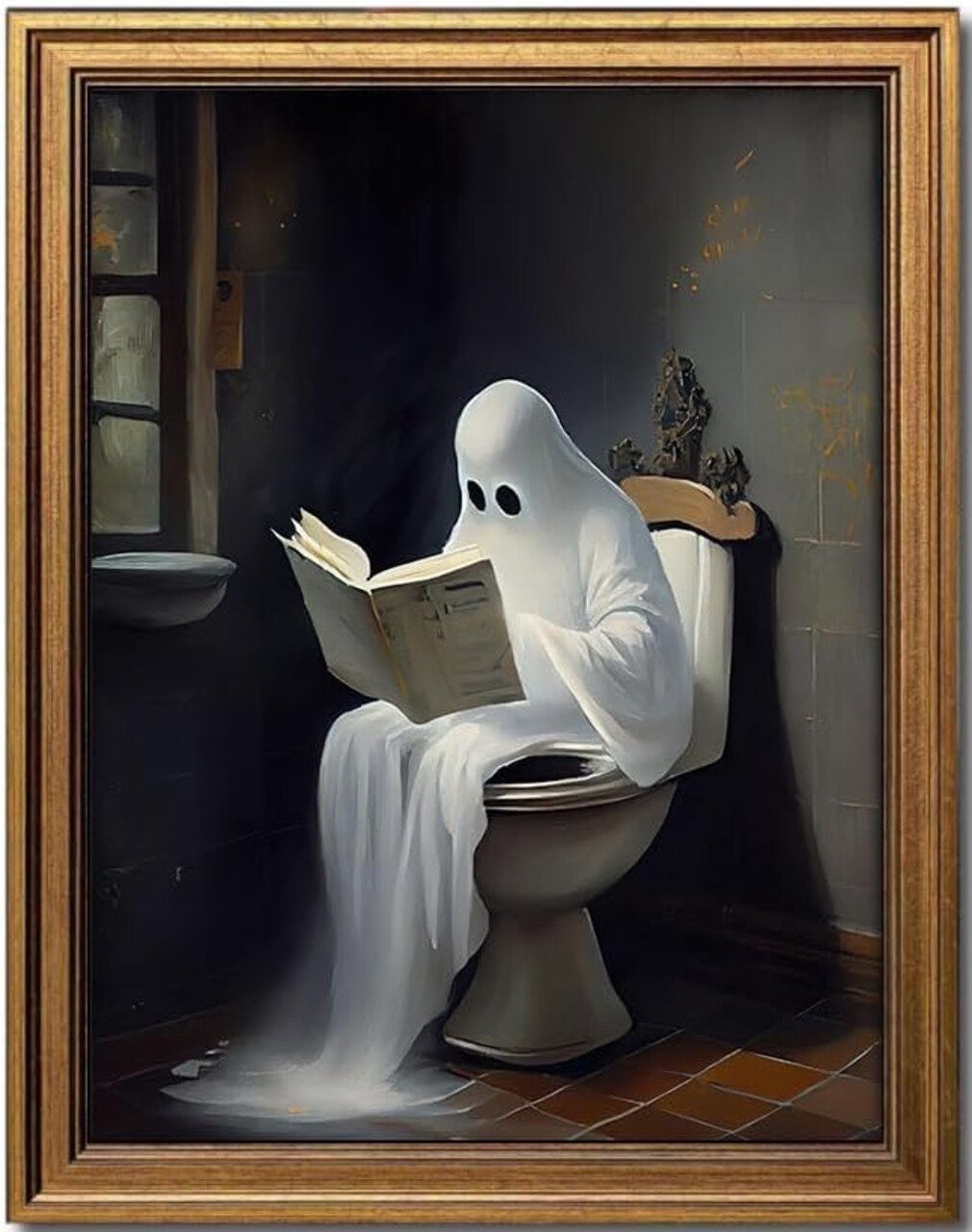 Framed Canvas Wall Art – Cute Ghost on Toilet Reading Books, Gothic & Dark Academia Bathroom Halloween Decor, 8x10 Inches
